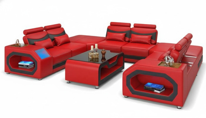 Design divano ad angolo U grande divano XXL in pelle rossa con LED.