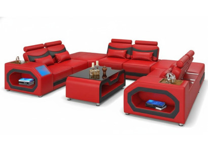 Design divano ad angolo U grande divano XXL in pelle rossa con LED.