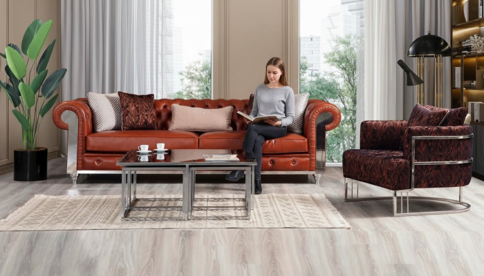 Chesterfield Set di divani in similpelle marrone a tre posti, set di divani, divani.