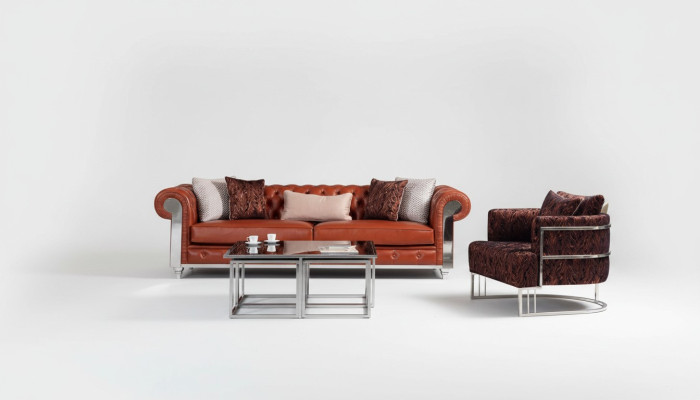 Chesterfield Set di divani in similpelle marrone a tre posti, set di divani, divani.