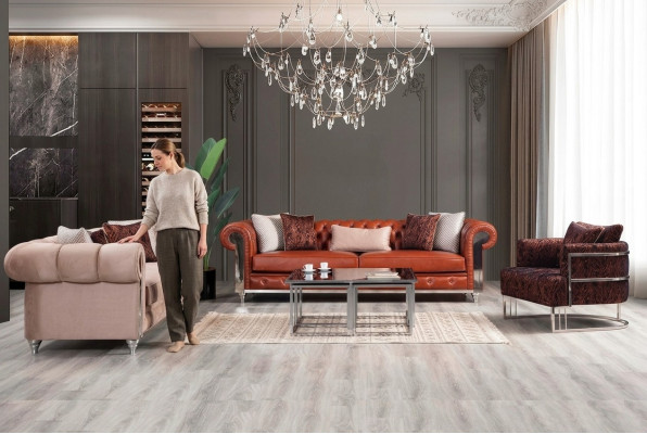 Chesterfield Set Divano a tre posti marrone componibile Divano imbottito