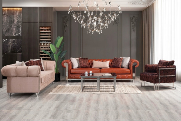 Chesterfield Set Divano a tre posti marrone componibile Divano imbottito