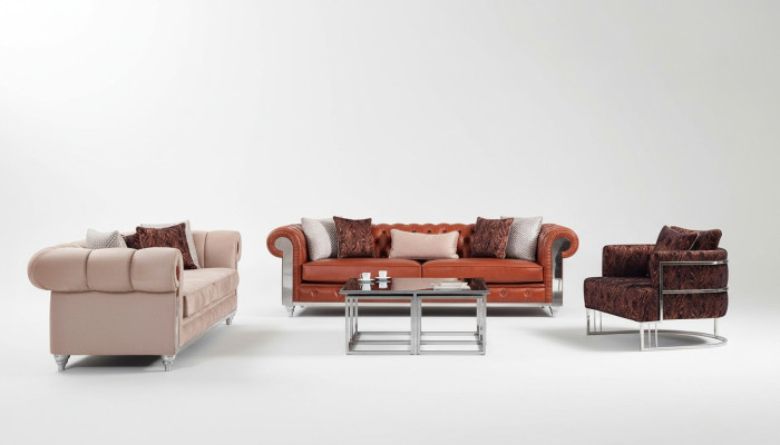 Chesterfield Set Divano a tre posti marrone componibile Divano imbottito