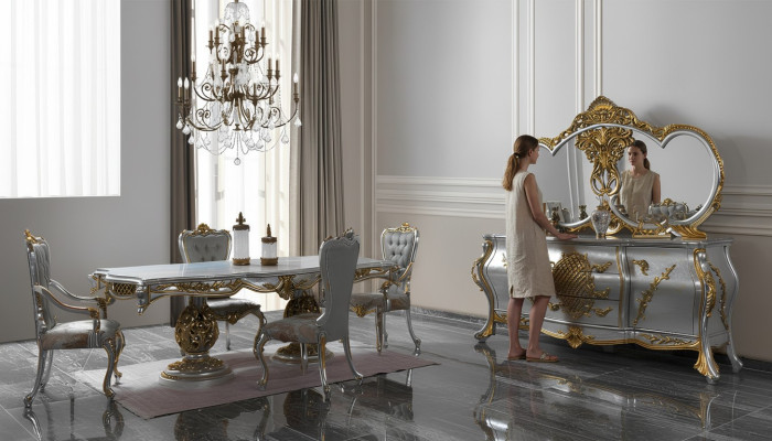 Set da pranzo, angolo pranzo, tavolo da pranzo, sedie, set in legno 9 pezzi, grigio, barocco.
