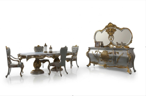 Set da pranzo, angolo pranzo, tavolo da pranzo, sedie, set in legno 9 pezzi, grigio, barocco.