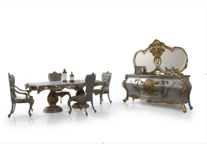 Set da pranzo, angolo pranzo, tavolo da pranzo, sedie, set in legno 9 pezzi, grigio, barocco.