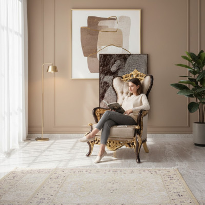 Poltrona orecchie beige stile barocco in poliestere per soggiorno.