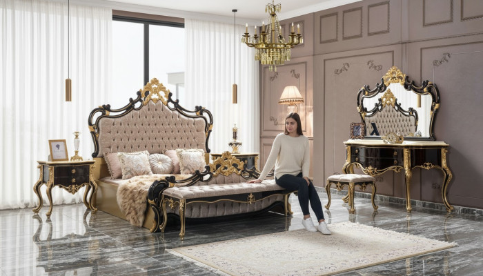 Set da letto matrimoniale Chesterfield di lusso con letto 6 pezzi nero