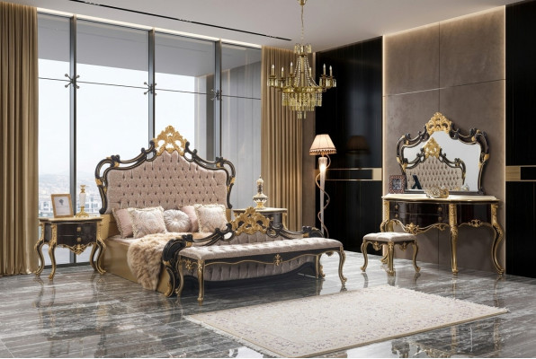 Set da letto matrimoniale Chesterfield di lusso con letto 6 pezzi nero