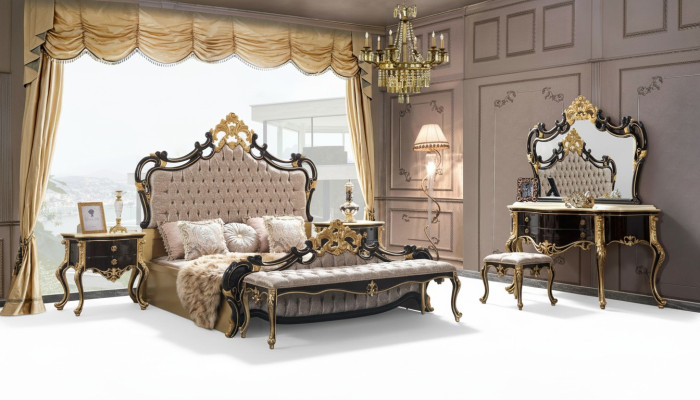 Set da letto matrimoniale Chesterfield di lusso con letto 6 pezzi nero