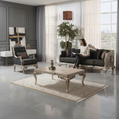 Divano imbottito Set divano Tre posti Poltrona Stoff Sofa Grigio Tavolo 3 pezzi