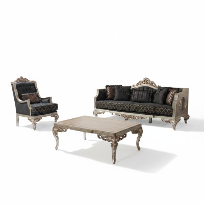 Divano imbottito Set divano Tre posti Poltrona Stoff Sofa Grigio Tavolo 3 pezzi