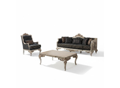 Divano imbottito Set divano Tre posti Poltrona Stoff Sofa Grigio Tavolo 3 pezzi