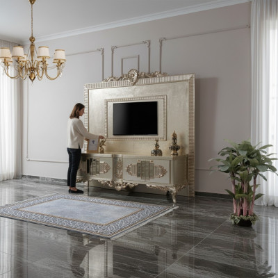 Mobile porta TV credenza RTV in legno dorato, tavolo da soggiorno di lusso.