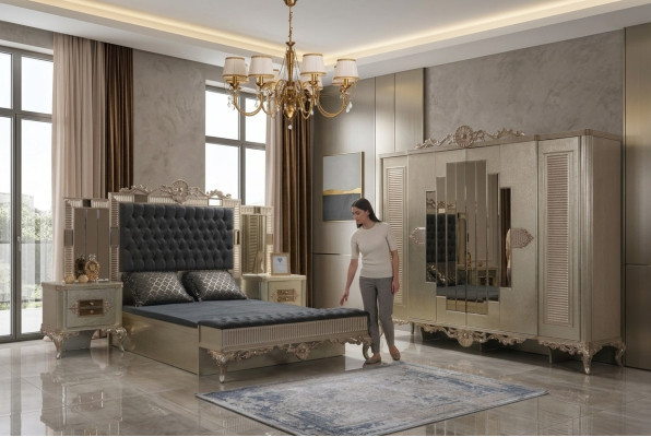 Letto matrimoniale Chesterfield lussuosa camera da letto set letto 5 pezzi oro