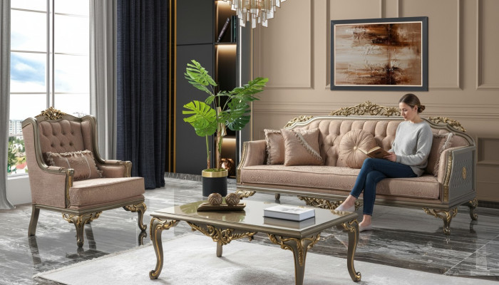 Chesterfield Set divano tre posti poltrona tessuto tavolino beige nuovo