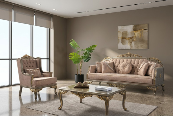 Chesterfield Set divano tre posti poltrona tessuto tavolino beige nuovo
