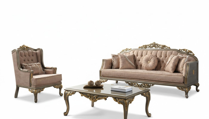 Chesterfield Set divano tre posti poltrona tessuto tavolino beige nuovo