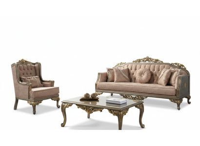 Chesterfield Set divano tre posti poltrona tessuto tavolino beige nuovo