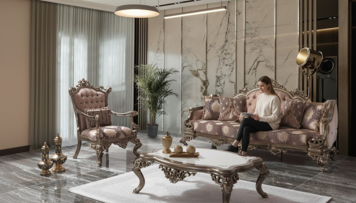 Divano imbottito Chesterfield in tessuto beige Set divano_PATTERN di divani da salotto.