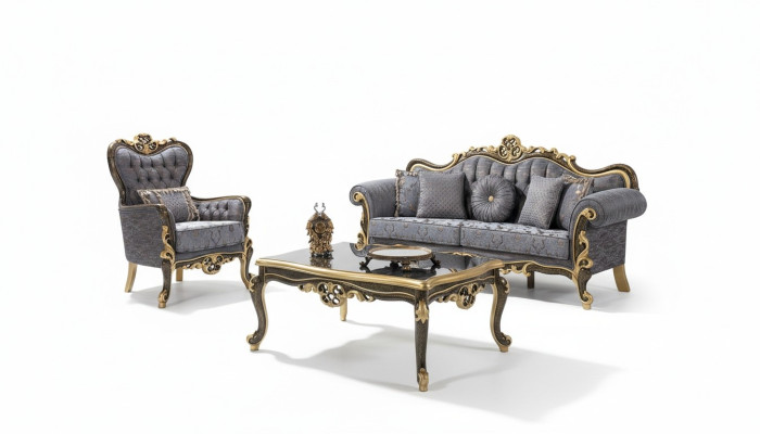Chesterfield set di divani imbottiti blu a tre posti + poltrona