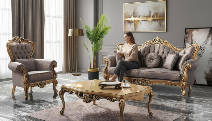 Chesterfield Set di divani a 3 posti, poltrona, tavolino in stoffa grigio.