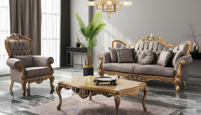 Chesterfield Set di divani a 3 posti, poltrona, tavolino in stoffa grigio.