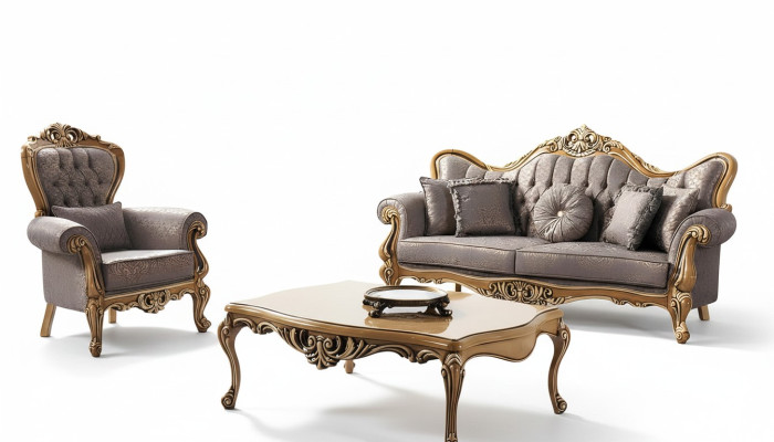 Chesterfield Set di divani a 3 posti, poltrona, tavolino in stoffa grigio.
