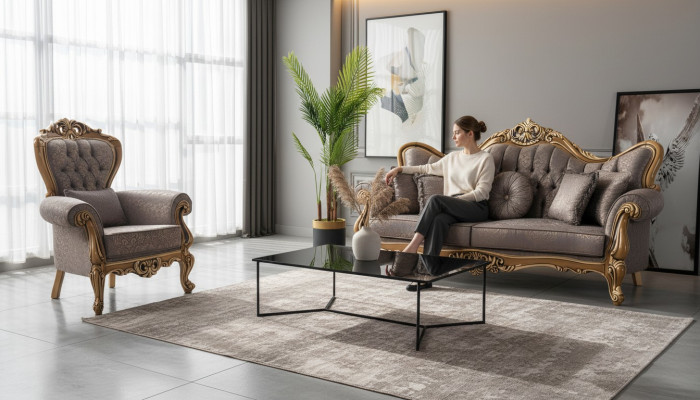 Divano Chesterfield con imbottitura in stoffa grigia, nuovo.