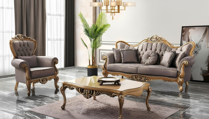 Divano Chesterfield con imbottitura in stoffa grigia, nuovo.