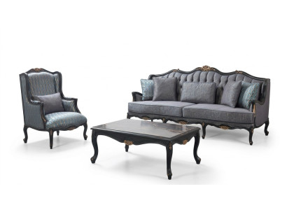 Chesterfield set divano 3 posti poltrona in tessuto tavolino blu nuovo