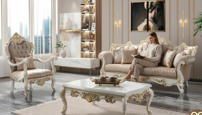 Divano di lusso in tessuto Chesterfield beige