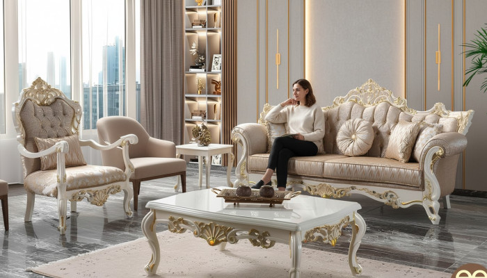 Set di divani Chesterfield in tessuto di lusso beige.