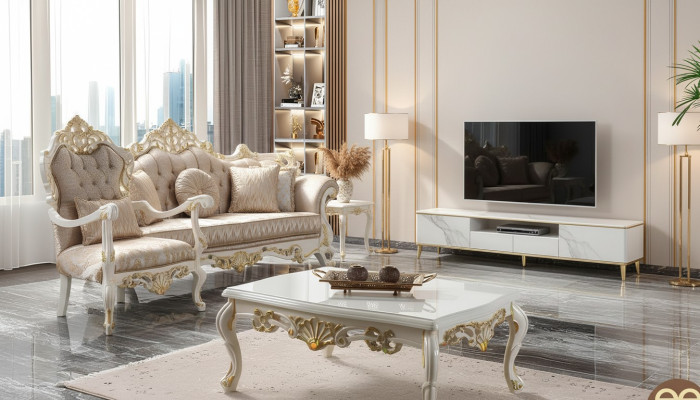 Set di divani Chesterfield in tessuto di lusso beige.