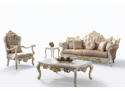 Set di divani Chesterfield in tessuto di lusso beige.