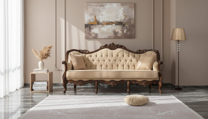 Divano Chesterfield a 3 posti, divano in tessuto beige di 235 cm.
