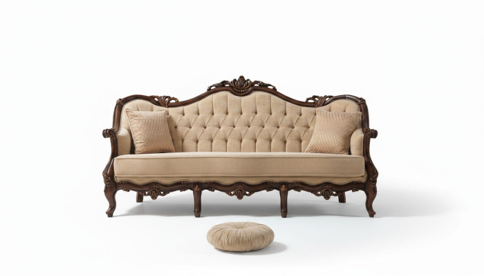Divano Chesterfield a 3 posti, divano in tessuto beige di 235 cm.