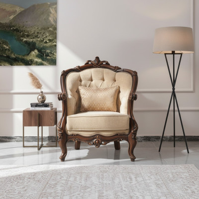 Poltrona poltrona con braccioli in stoffa beige poliestere legno salotto barocco