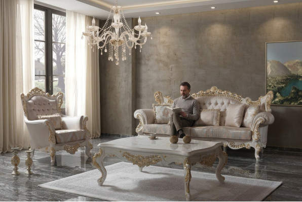 Set di divani di lusso, completo di divano beige, divano imbottito in tessuto.