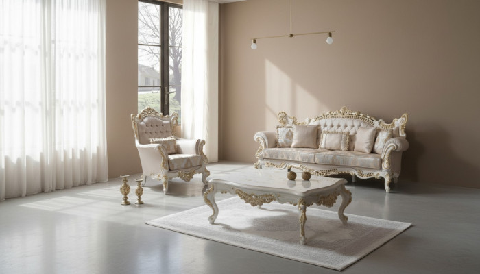 Set di divani di lusso, completo di divano beige, divano imbottito in tessuto.