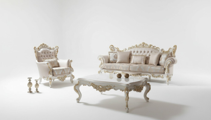 Set di divani di lusso, completo di divano beige, divano imbottito in tessuto.