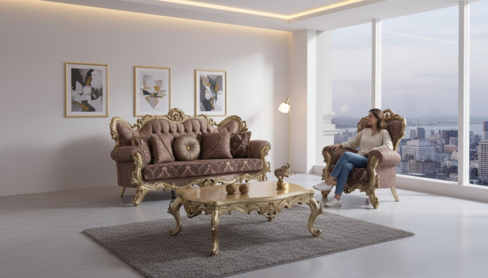 Set divano Chesterfield in tessuto lilla con divano e divano - tradotto in Italiano.