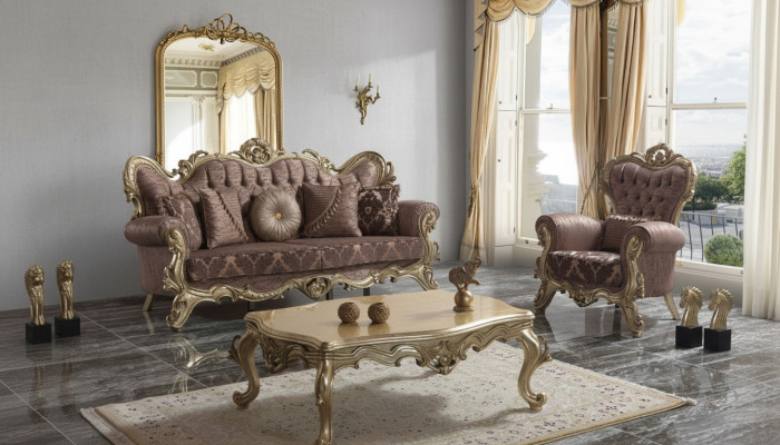 Set divano Chesterfield in tessuto lilla con divano e divano - tradotto in Italiano.
