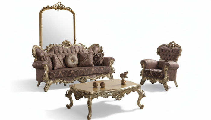 Set divano Chesterfield in tessuto lilla con divano e divano - tradotto in Italiano.