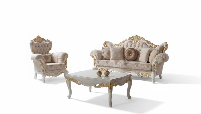 Divano imbottito Set completo di divani, divano beige in tessuto.