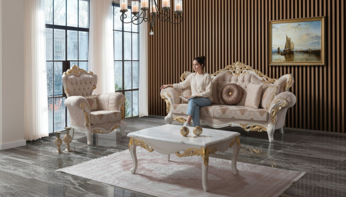 Set di divani di lusso Composizione completa del divano Divano beige Divano imbottito Divano in tessuto Sofa
