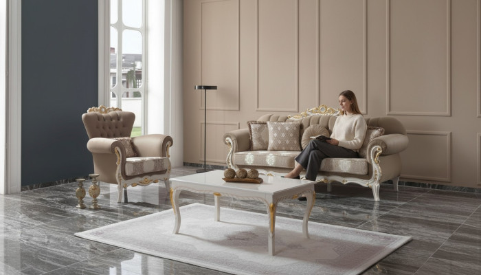 Divano in tessuto marrone Chesterfield, set 3+1.