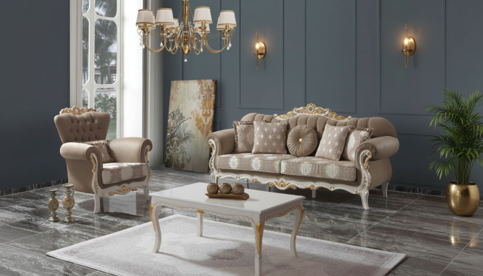 Divano in tessuto marrone Chesterfield, set 3+1.