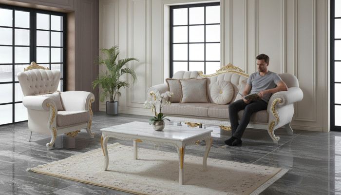 Set di divani. Chesterfield divano imbottito. Set di divani in tessuto beige. Divani.