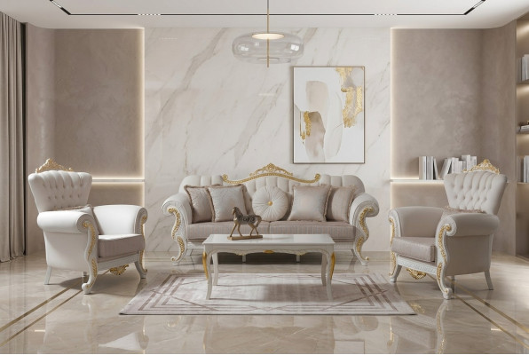 Set di divani. Chesterfield divano imbottito. Set di divani in tessuto beige. Divani.